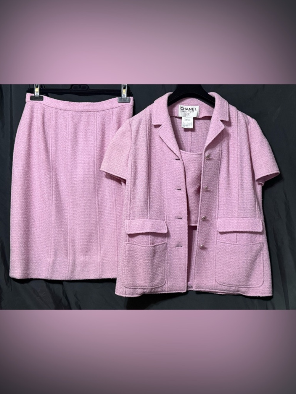 CHANEL Boutique Tweed 3 Piece Suit CC Logo buttons Size 42